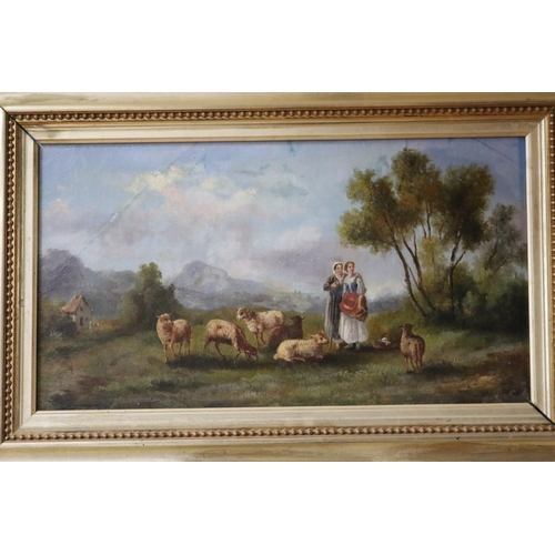 1297 - French School, Sheppard's with sheep, oil on board, unsigned, approx 26cm x 48cm