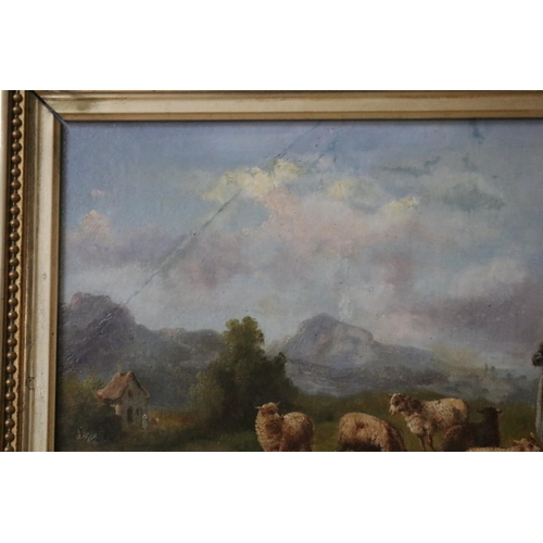 1297 - French School, Sheppard's with sheep, oil on board, unsigned, approx 26cm x 48cm