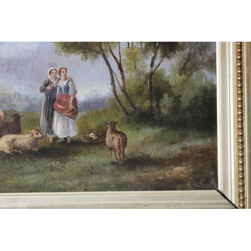 1297 - French School, Sheppard's with sheep, oil on board, unsigned, approx 26cm x 48cm