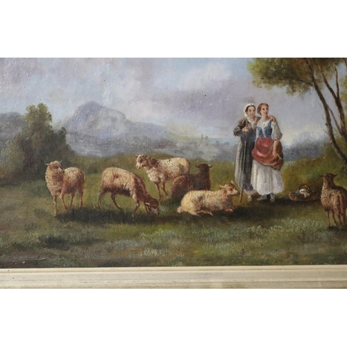 1297 - French School, Sheppard's with sheep, oil on board, unsigned, approx 26cm x 48cm