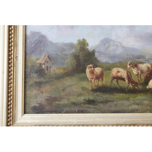 1297 - French School, Sheppard's with sheep, oil on board, unsigned, approx 26cm x 48cm