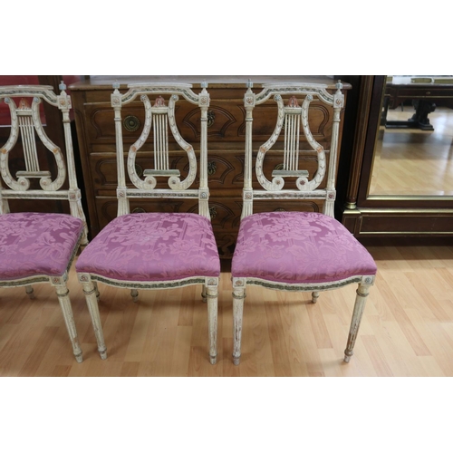 1006 - Set of four Neoclassical Louis XVI lyre back chairs with painted frames, attributed to Maison Jansen... 