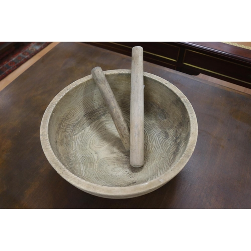 1047 - Antique French turned wood bowl with two pestles, approx 37cm Dia x 14.5cm H(3)