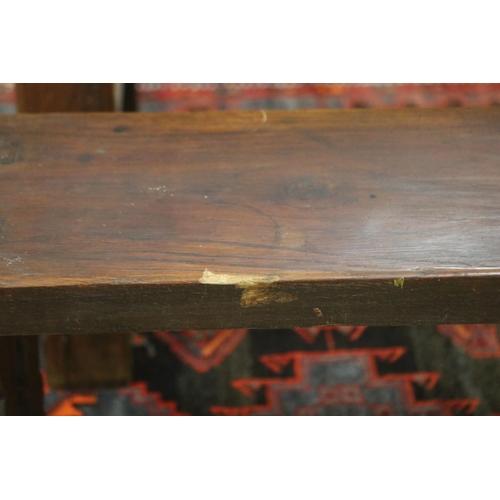 1106 - Pair of French benches with trestle ends & central stretcher to each, approx 199cm L x 21.5cm W x 47... 