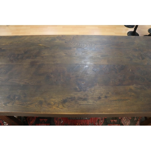 1110 - Antique French rustic dining table, standing on stretcher base, thick slab top, approx 201cm L x 79c... 