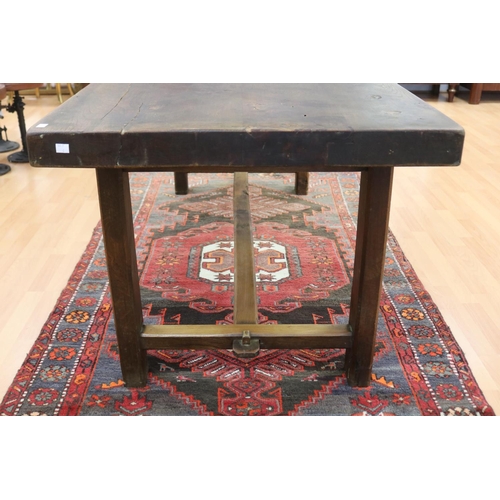 1110 - Antique French rustic dining table, standing on stretcher base, thick slab top, approx 201cm L x 79c... 