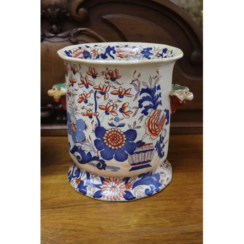 1143 - Pair of antique imari twin handled pedestal cache pots, unmarked, crazed, approx 25cm H x 23cm Dia (... 