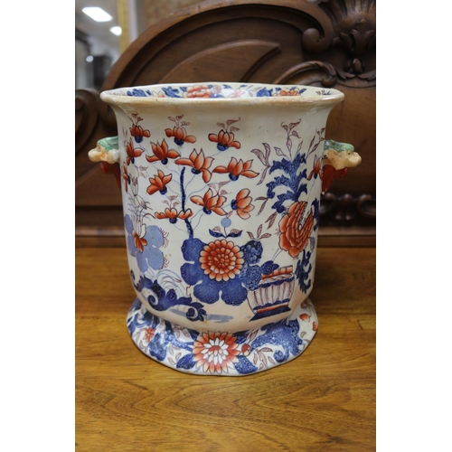 1143 - Pair of antique imari twin handled pedestal cache pots, unmarked, crazed, approx 25cm H x 23cm Dia (... 