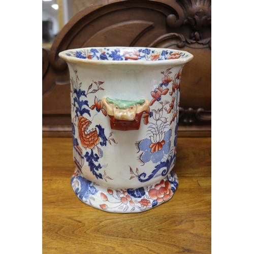 1143 - Pair of antique imari twin handled pedestal cache pots, unmarked, crazed, approx 25cm H x 23cm Dia (... 