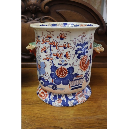 1143 - Pair of antique imari twin handled pedestal cache pots, unmarked, crazed, approx 25cm H x 23cm Dia (... 