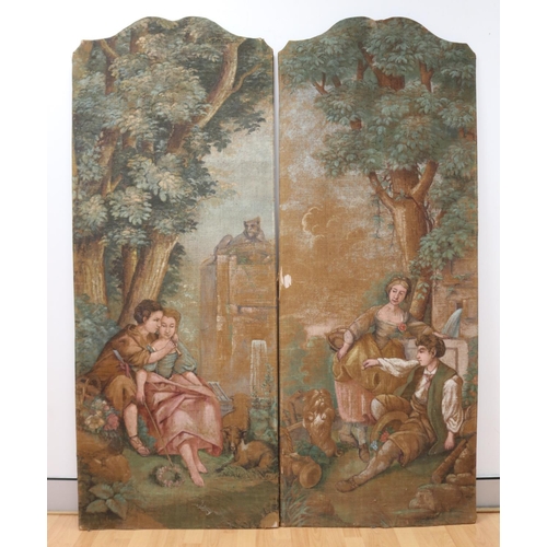 1174 - Pair of French painted canvas floor panels, showing lovers under trees, approx 188cm H x 73.5cm L (2... 