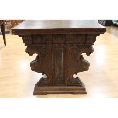 1218 - Antique French Henri II desk standing on a stretcher base, carved griffin terms to either end, appro... 