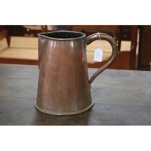 1298 - Well made French copper jug, approx 25cm H x 26cm W x 20.5cm dia