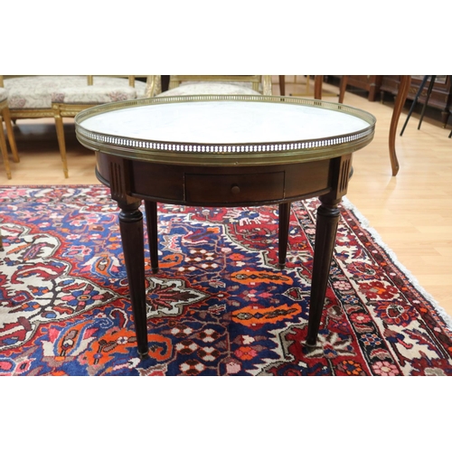 1154 - Vintage French marble topped briolette table, with a pierced brass gallery, approx 52.5cm H x 65cm D... 