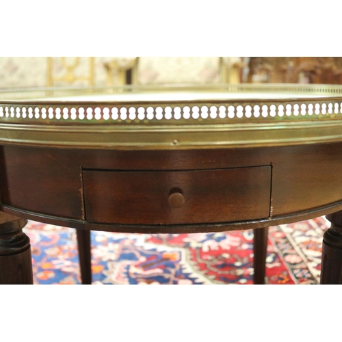 1154 - Vintage French marble topped briolette table, with a pierced brass gallery, approx 52.5cm H x 65cm D... 
