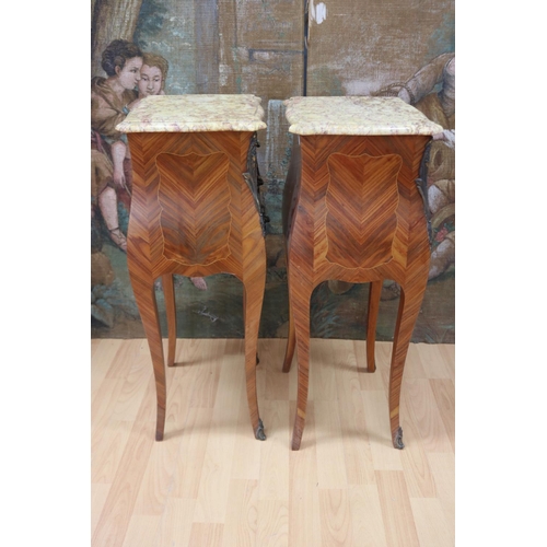 1184 - Pair of vintage French Louis XV style marble topped parquetry nightstands, approx 74cm H x 35cm L x ... 