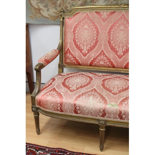 1203 - Antique French 19th century Louis XVI style three seater settee, with gilt frame, to be reupholstere... 