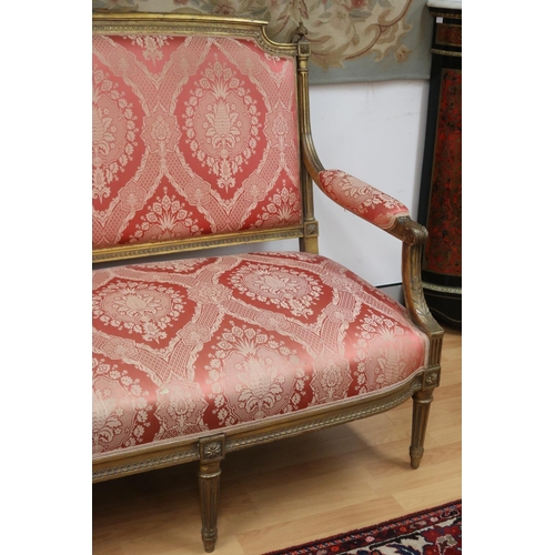 1203 - Antique French 19th century Louis XVI style three seater settee, with gilt frame, to be reupholstere... 