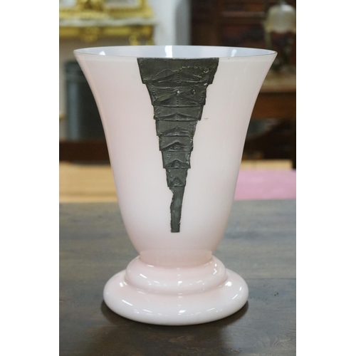 1211 - Decorative French Art Deco pink glass vase with applied stepped metal mounts, approx 27cm H x 21cm d... 