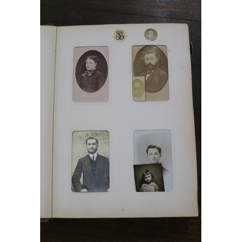 1292 - Two antique French photo albums, to include some photos, approx 28cm x 21cm and smaller (2)