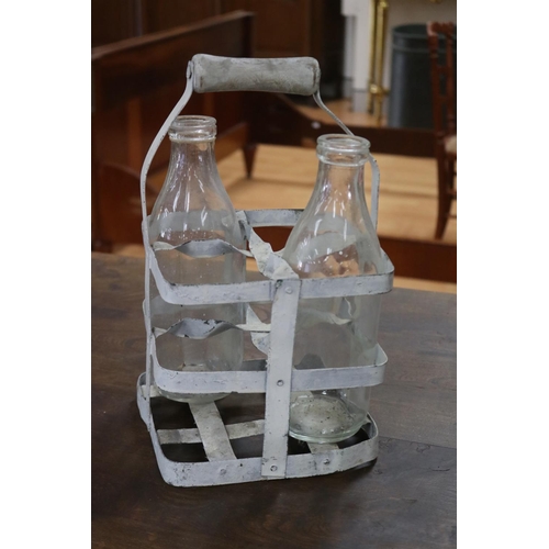 1295 - Vintage French gal metal bottler carrier, with two glass bottles, approx 34cm H x 20cm sq