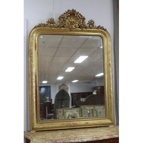 1116 - Antique French Napoleon III gilt salon mirror, with central shell & floral crest, approx 135cm H x 9... 