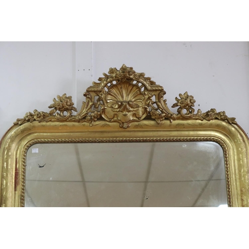 1116 - Antique French Napoleon III gilt salon mirror, with central shell & floral crest, approx 135cm H x 9... 