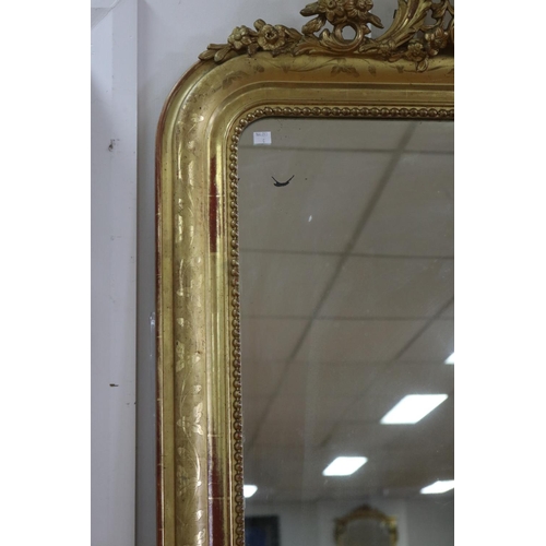 1116 - Antique French Napoleon III gilt salon mirror, with central shell & floral crest, approx 135cm H x 9... 