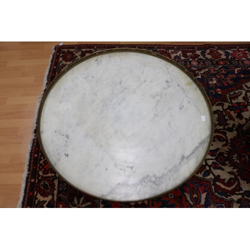 1154 - Vintage French marble topped briolette table, with a pierced brass gallery, approx 52.5cm H x 65cm D... 