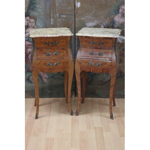 1184 - Pair of vintage French Louis XV style marble topped parquetry nightstands, approx 74cm H x 35cm L x ... 