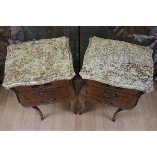 1184 - Pair of vintage French Louis XV style marble topped parquetry nightstands, approx 74cm H x 35cm L x ... 