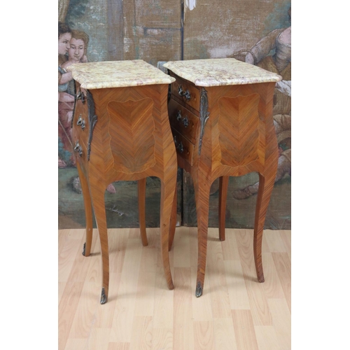 1184 - Pair of vintage French Louis XV style marble topped parquetry nightstands, approx 74cm H x 35cm L x ... 