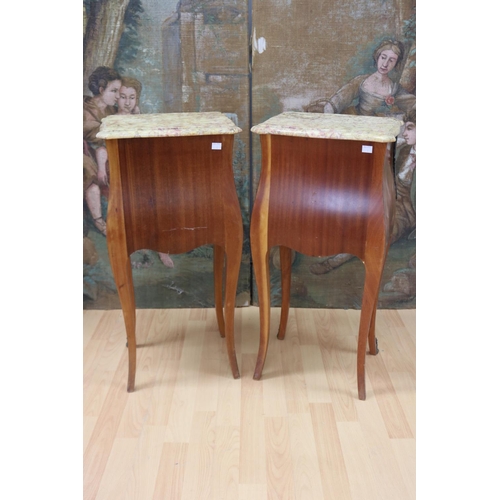 1184 - Pair of vintage French Louis XV style marble topped parquetry nightstands, approx 74cm H x 35cm L x ... 