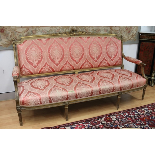 1203 - Antique French 19th century Louis XVI style three seater settee, with gilt frame, to be reupholstere... 