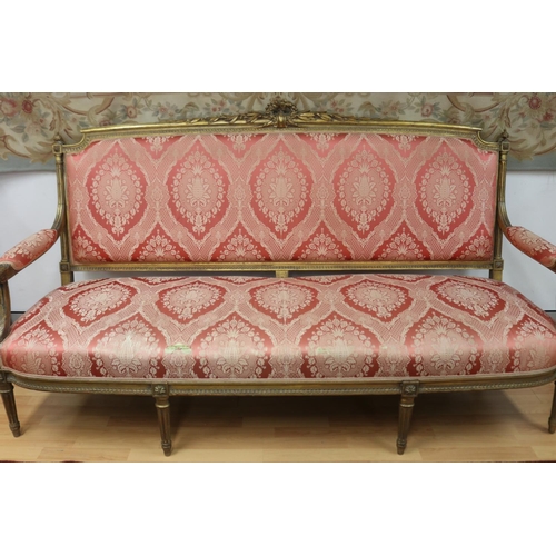 1203 - Antique French 19th century Louis XVI style three seater settee, with gilt frame, to be reupholstere... 