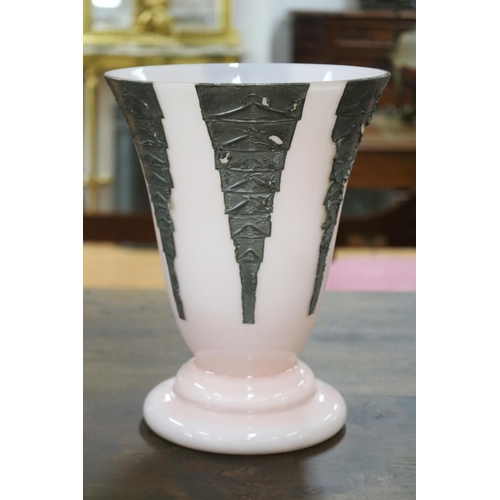 1211 - Decorative French Art Deco pink glass vase with applied stepped metal mounts, approx 27cm H x 21cm d... 