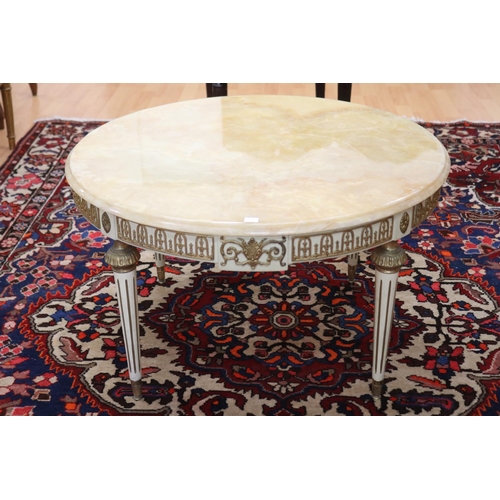 1270 - Vintage French marble topped coffee table, standing on fluted legs, white & gilt painted frame, appr... 