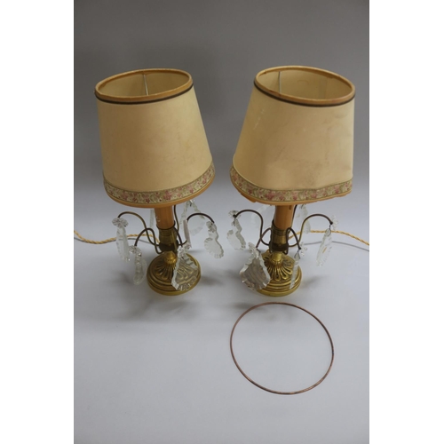 1107 - Pair of vintage French girandole table lamps, with drop lustres, unknown working condition, approx 3... 