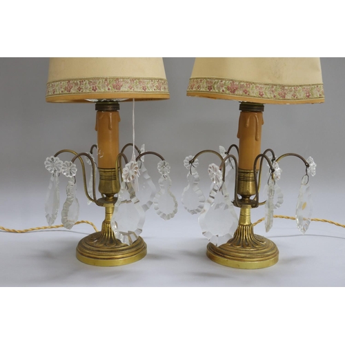 1107 - Pair of vintage French girandole table lamps, with drop lustres, unknown working condition, approx 3... 