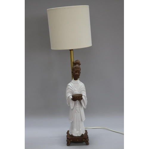 1136 - Vintage Italian white ceramic table lamp of a Chinese lady holding a bowl, with shade, unknown worki... 