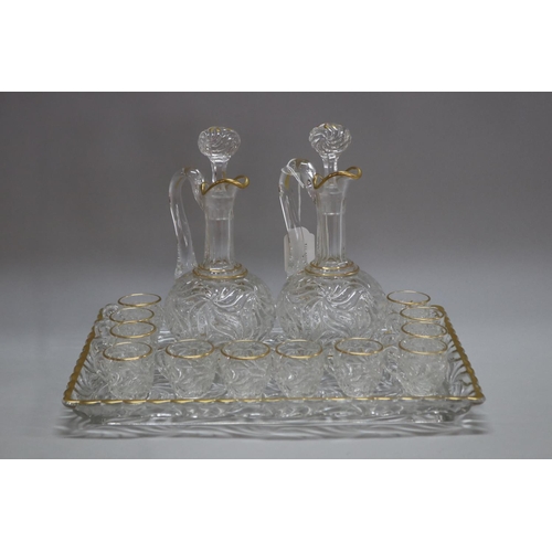 1140 - French Baccarat liquor service on tray, to include cups & two decanters, marked to tray, approx 33cm... 