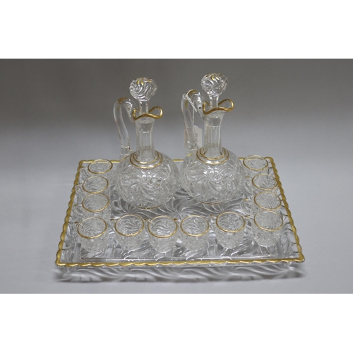 1140 - French Baccarat liquor service on tray, to include cups & two decanters, marked to tray, approx 33cm... 