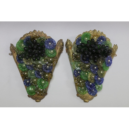 1142 - Pair of Italian or French Art Deco wall pocket appliques with applied glass grape decoration, approx... 