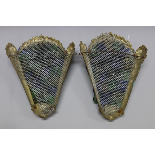 1142 - Pair of Italian or French Art Deco wall pocket appliques with applied glass grape decoration, approx... 