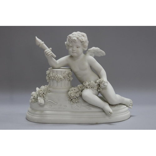 1170 - F. KESSLER (1792-1882) bisque porcelain figure of a putto holding torch, against a pedestal, signed ... 