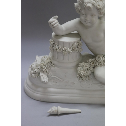 1170 - F. KESSLER (1792-1882) bisque porcelain figure of a putto holding torch, against a pedestal, signed ... 