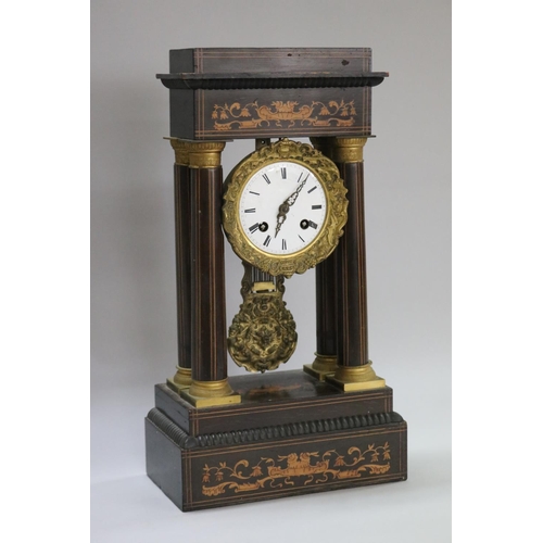 1171 - Antique French Napoleon III period portico clock, with marquetry inlaid decoration, no key, has pend... 