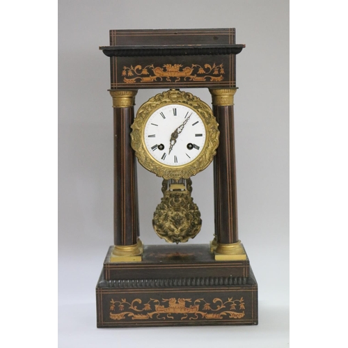 1171 - Antique French Napoleon III period portico clock, with marquetry inlaid decoration, no key, has pend... 