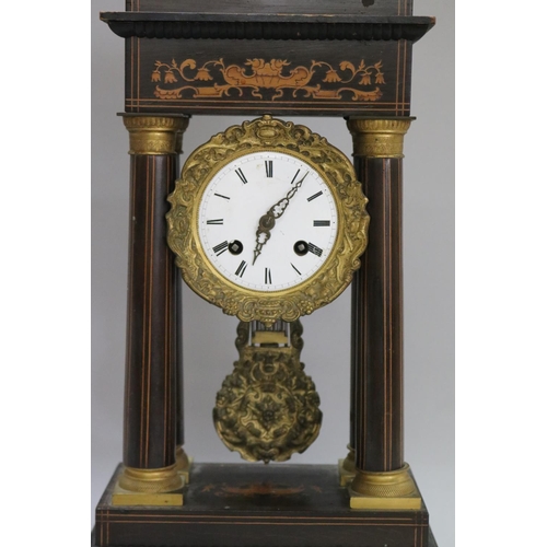 1171 - Antique French Napoleon III period portico clock, with marquetry inlaid decoration, no key, has pend... 