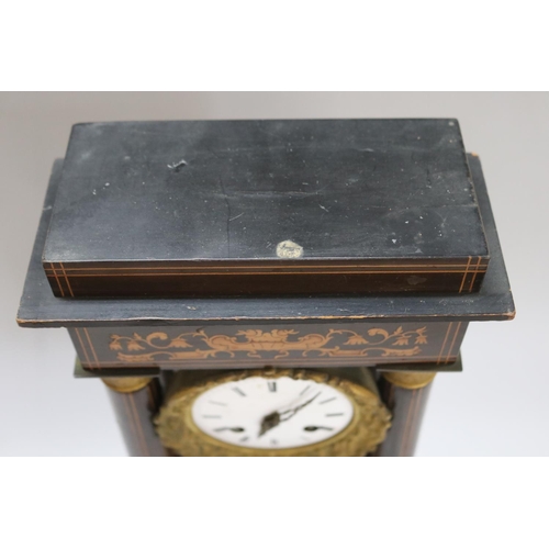 1171 - Antique French Napoleon III period portico clock, with marquetry inlaid decoration, no key, has pend... 